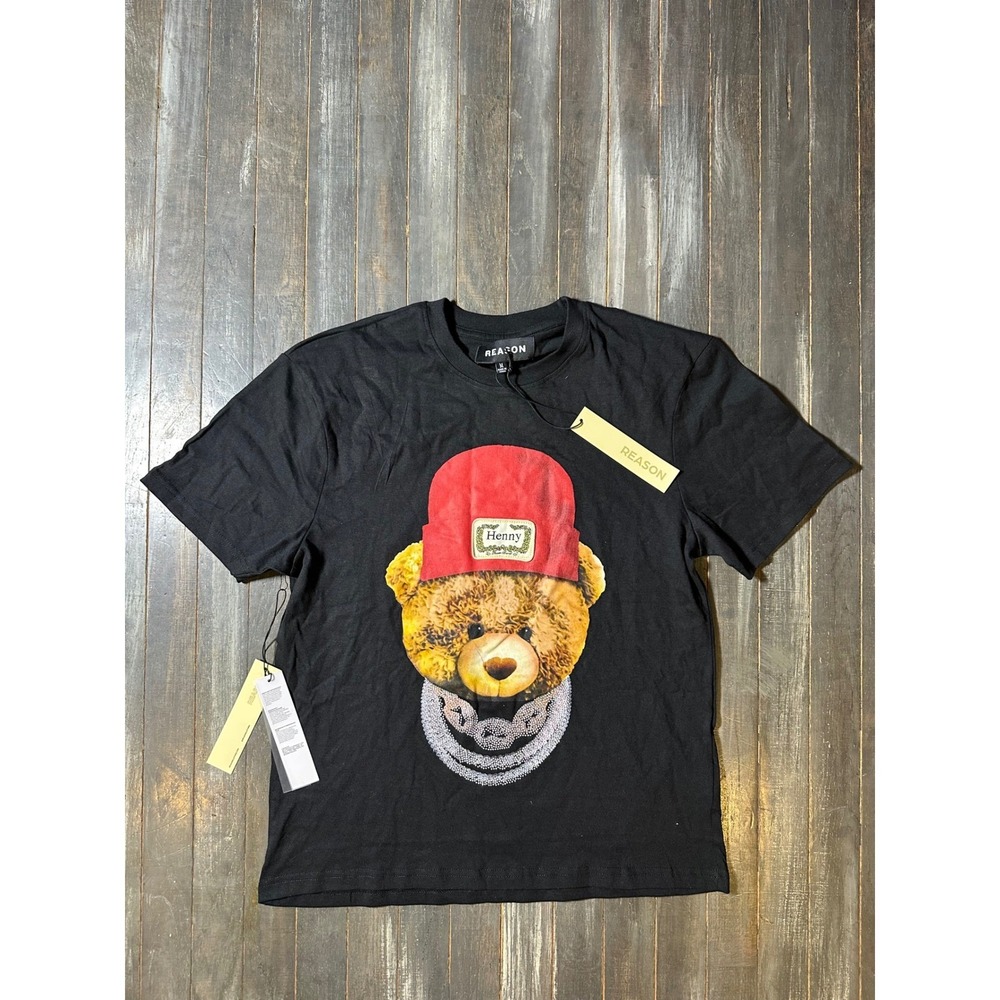 Reason Clothing Mens Henny Bear Graphic T-Shirt Black Red Beanie Chains
